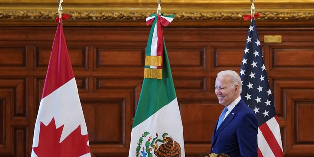 President Biden attends a meeting with Mexican President Andres Manuel Lopez Obrador and Canadian Prime Minister Justin Trudeau at the North American Leaders' Summit in Mexico City on Tuesday.