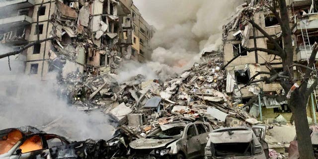 A view shows an apartment building heavily damaged by a Russian missile strike, amid Russia's attack on Ukraine, in Dnipro, Ukraine January 14, 2022. Governor of Dnipropetrovsk region Valentyn Reznichenko via Telegram/Handout via REUTERS.