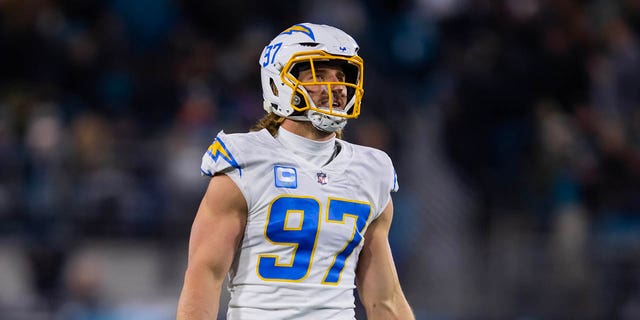 Los Angeles Chargers linebacker Joey Bosa (97) reacts against the Jacksonville Jaguars during a wild card playoff game at TIAA Bank Field.