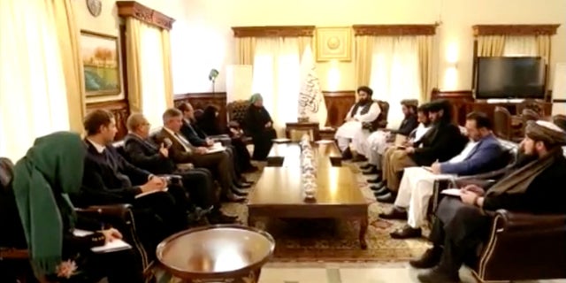 The Taliban's acting foreign minister Amir Khan Mottaki meets with UN delegates in Kabul, Afghanistan, in this screenshot taken from a video released Jan. 18, 2023.