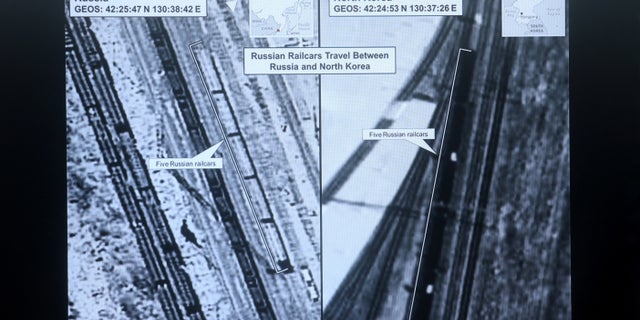 White House National Security Council Strategic Communications Coordinator John Kirby (not pictured) presents images that allege railcar movement between Russia and North Korea during a press briefing at the White House in Washington, January 20, 2023.