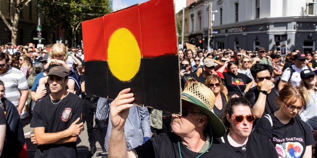 People participate in the 'Invasion Day' rally in Melbourne, January 26, 2023. 
