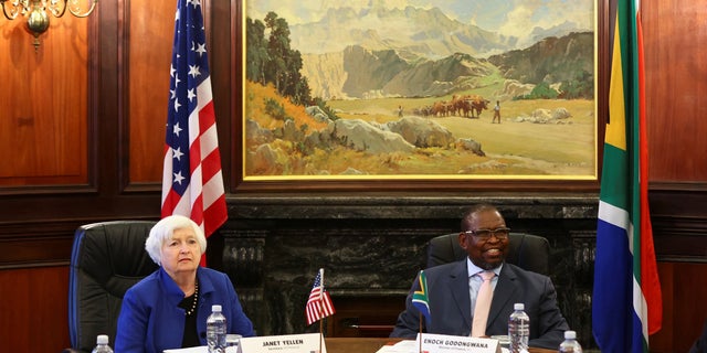 U.S. Treasury Secretary Janet Yellen and South Africa's Finance Minister Enoch Godongwana attend bilateral talks, at the treasury offices in Pretoria, South Africa, January 26, 2023. REUTERS/Siphiwe Sibeko