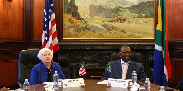 Treasury Secretary Janet Yellen and South Africa's Finance Minister Enoch Godongwana attend bilateral talks, at the treasury offices in Pretoria, South Africa, Jan. 26, 2023.