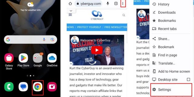 Cara mengetahui apakah kata sandi Anda merupakan bagian dari pelanggaran data di Android: Chrome, tiga titik, Pengaturan.