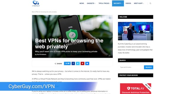 Photo of CyberGuy's website with an article on which VPN to choose.