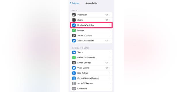 Screenshot showing you how to select "Display &amp; Text Size" on an iPhone.