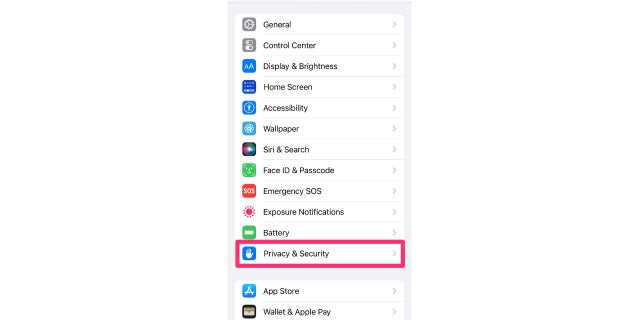 Scroll down and select <strong>Privacy & Security.</strong>