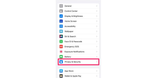 Scroll down and select <strong>Privacy &amp; Security.</strong>