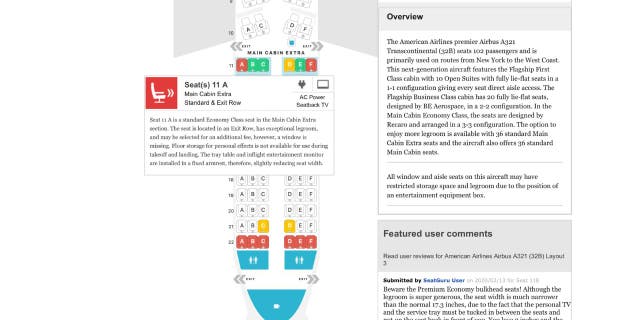 Example of an aircraft showing which seats are good or bad and a description of the type of seat you can choose from. 