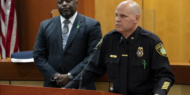 Newport News Chief of Police Steve Drew, right, and Newport News Superintendent George Parker answer questions regarding a teacher being shot by an armed six-year-old at Richneck Elementary School during a press conference at the Newport News Public Schools Administration Building in Newport News, Va., on Monday, Jan. 9, 2023. 