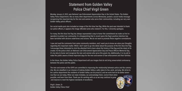 Golden Valley Police Chief Virgin Green issues an apology over the use of a Thin Blue Line Flag on social media