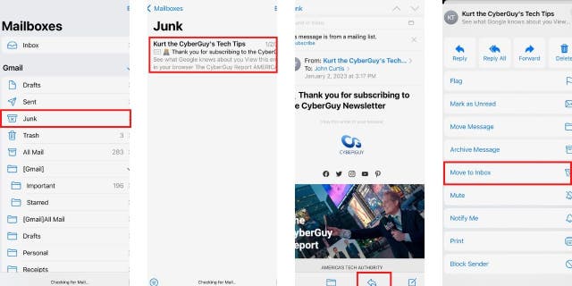 How to move a junk email to the Inbox folder.