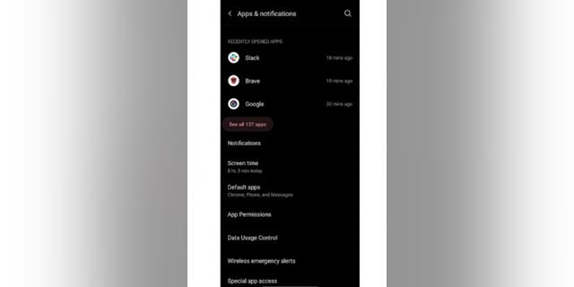 screenshot of "apps and notifications" Android screen.
