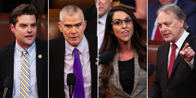 Several House GOP members pushed back against McCarthy's nomination for speaker. From left to right: GOP representatives Matt Gaetz of Florida, Matt Rosendale of Montana, Lauren Boebert of Colorado and Andy Biggs of Arizona.