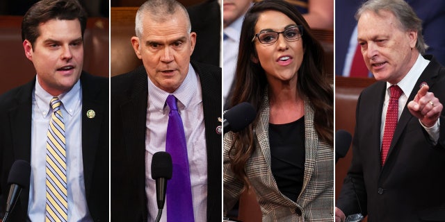 Several House GOP members pushed back against McCarthy's nomination for speaker. From left to right: GOP representatives Matt Gaetz of Florida, Matt Rosendale of Montana, Lauren Boebert of Colorado and Andy Biggs of Arizona.