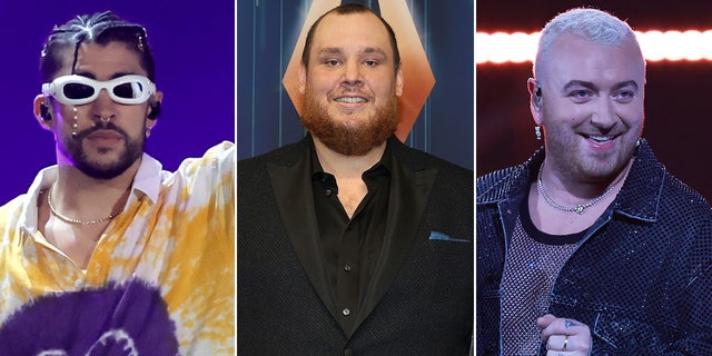 Performers include, from left, Bad Bunny, Luke Combs and Sam Smith, all of whom are nominated for Grammys this year.