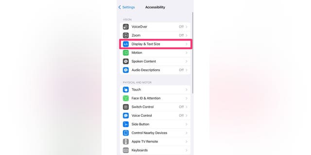 Screenshot showing how to select Display & Text Size.