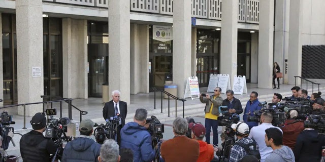 Steve Wagstaffe, the San Mateo County district attorney, addresses the media outside the Hall of Justice following the arraignment of Chunli Zhao, Wednesday, Jan. 25, 2023, in Redwood City, Calif.