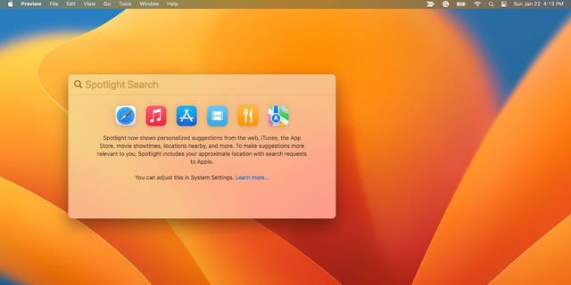 Ein Beispiel dafür, wie die Suchfunktion von Spotlight aussieht, wenn sie auf einem Mac-Computer geöffnet wird.