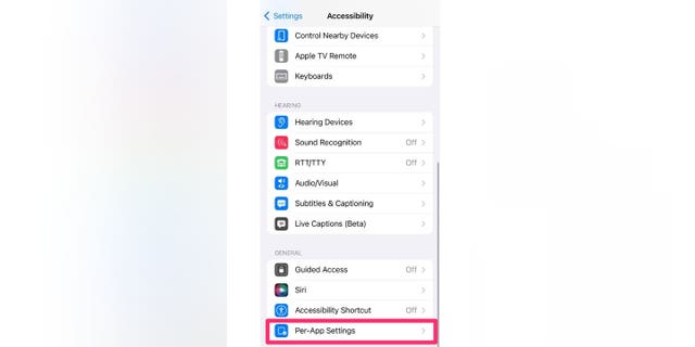Zrzut ekranu pokazujący, jak wybrać plik "ustawienia dla każdej aplikacji."