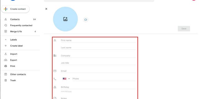 Fill out these boxes when creating a contact in Gmail.