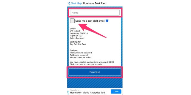 Display of the test alert email. The seat alert costs 99 cents.