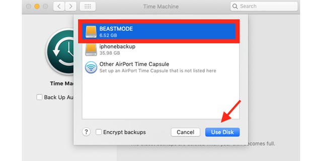 Screenshot showing you how to choose which hard drive to use to back up your Apple computer.