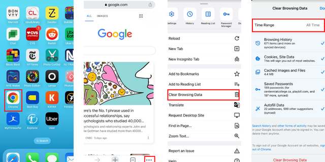 Petunjuk untuk menghapus cache dan cookie di iPhone: Google Chrome, tiga titik, menghapus data penjelajahan, rentang waktu.