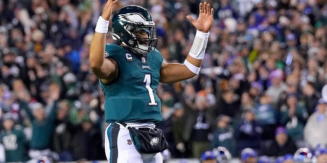 Jalen Hurts #1 of the Philadelphia Eagles reacts after a touchdown against the New York Giants during the second quarter in the NFC Divisional Playoff game at Lincoln Financial Field on Jan. 21, 2023 in Philadelphia, Penn.
