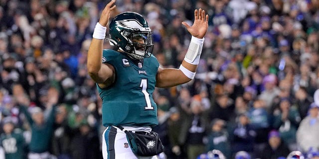 Jalen Hurts #1 of the Philadelphia Eagles reacts after a touchdown against the New York Giants during the second quarter in the NFC Divisional Playoff game at Lincoln Financial Field on Jan. 21, 2023 in Philadelphia, Penn.