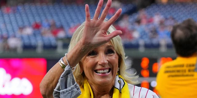 First Lady Jill Biden waves to the crowd before the game between the Washington Nationals and the Phillies at Citizens Bank Park on September 9, 2022 in Philadelphia.
