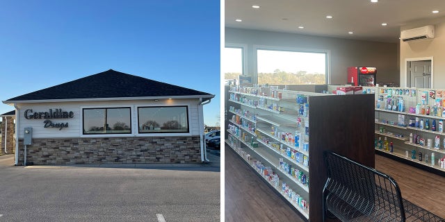 See here the storefront (left) and interior of Geraldine Drugs in Geraldine, Alabama, where Hody Childress donates $100 a month to help other customers' pharmacy bills.