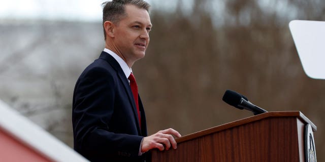 Alabama Secretary of State Wes Allen speaks during the dedication ceremony on the steps of the Alabama state capital in Montgomery, AL January 16, 2023.