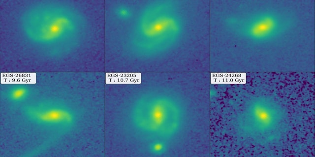 Montage of JWST images showing six exemplary barred galaxies, two of which represent the longest lookback times quantitatively identified and characterized to date.  The labels at the top left of each figure show each galaxy's backward time, ranging from 8.4 to 11 billion years (Gyr) ago, when the universe was only 40% to 20% of its current age. 