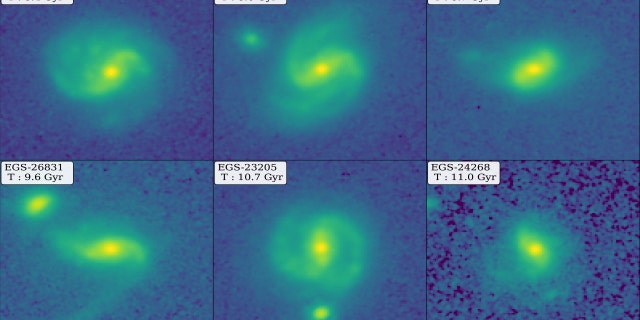 A montage of JWST images showing a sample of six barred galaxies, two of which represent the highest viewing times quantified and characterized to date. The labels at the top left of each figure indicate the viewing time for each galaxy, ranging from 8.4 to 11 billion years ago (Gyr), when the universe was just 40% to 20% of its current age.
