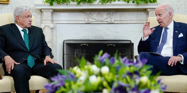 President Joe Biden with Mexican President Andrés Manuel López Obrador in the Oval Office of the White House in Washington, July 12, 2022. 