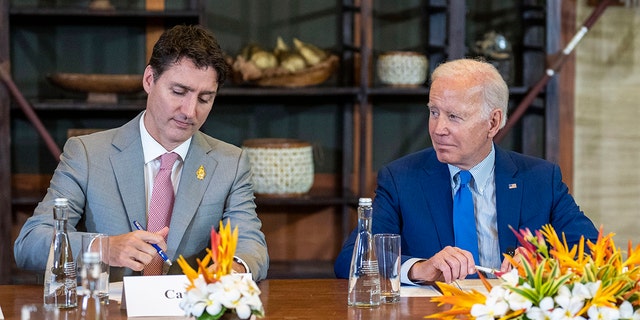 Presiden Joe Biden menatap Perdana Menteri Kanada Justin Trudeau dalam pertemuan para pemimpin G7 dan NATO di Bali, Indonesia, 16 November 2022. 