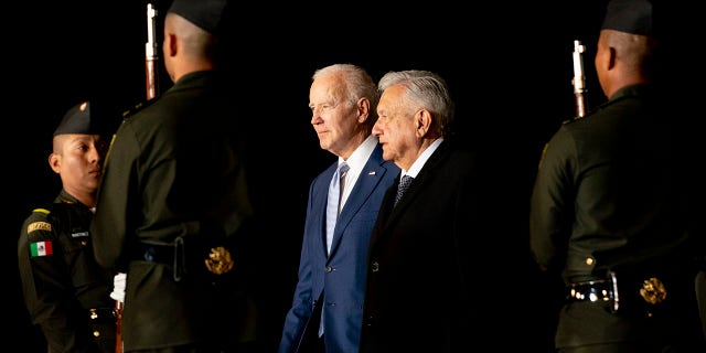 President Biden is greeted by Mexican President Andres Manuel Lopez Obrador as he arrives at the Felipe Angeles international airport in Zumpango, Mexico, Sunday, Jan. 8, 2023.
