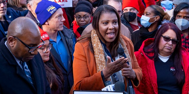 New York Attorney General Letitia James, center, speaks as she is joined by health care professionals and officials during a news conference as nurses stage a strike in front of Mt. Sinai Hospital in the Manhattan borough of New York, Monday, Jan. 9, 2023, after negotiations broke down hours earlier.