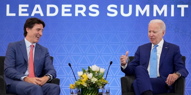 President Joe Biden, right, meets with Canadian Prime Minister Justin Trudeau at the InterContinental Presidente Mexico City hotel in Mexico City, Jan. 10, 2023. (AP Photo/Andrew Harnik)