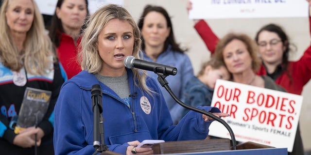 Former University of Kentucky swimmer Riley Gaines speaks during a rally Thursday, Jan. 12, 2023, outside the NCAA Convention in San Antonio. 