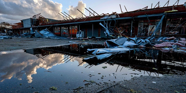 The roof of a local business is shattered after a tornado hit Selma, Alabama on Thursday, January 12, 2023. 