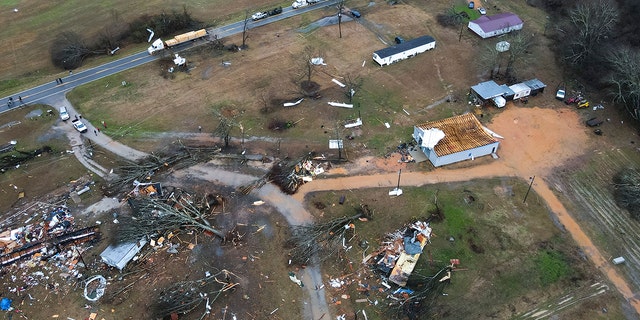 Devastation is seen after severe weather, Thursday, Jan. 12, 2023, in Greensboro, Alabama. 