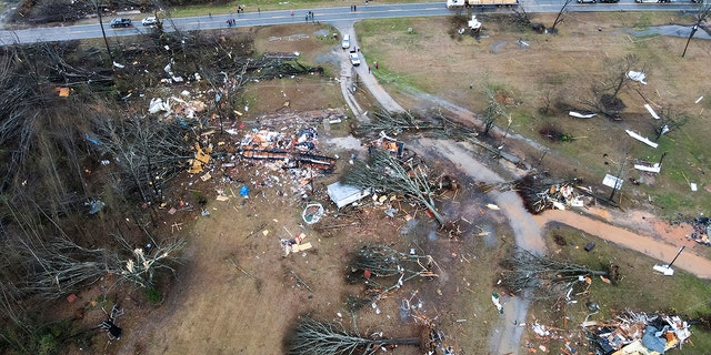 Destruction is seen after severe weather on Thursday, January 12, 2023, in Greensboro, Alabama. 