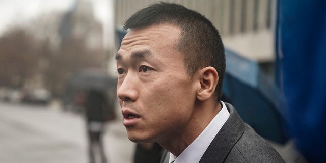 NYPD Officer Baimadajie Angwang speaks during a press briefing after a judge dismissed spy charges against him on Thursday, Jan. 19, 2023, in New York.