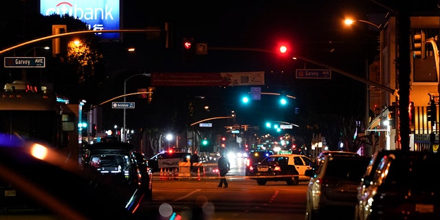Police investigate the scene of a shooting in Monterey Park, California on Sunday, January 22, 2023. 