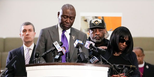 Civil rights attorney Ben Crump speaks at a news conference with the family of Tyre Nichols, who died after being beaten by Memphis police officers, as RowVaughn Wells, mother of Tyre, right, and Tyre's stepfather, Rodney Wells, along with attorney Tony Romanucci, left, also stand with Crump, in Memphis, Tenn., Monday, Jan. 23, 2023. 