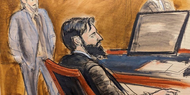In this courtroom sketch, defendant Sayfullo Saipov listens during closing statements as a U.S. Marshal looks on from behind in Manhattan federal court, Tuesday, Jan. 24, 2023, in New York.