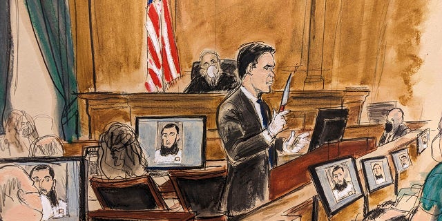 In this courtroom sketch, Assistant U.S. Attorney Jason Richmond gives the government summations in Manhattan federal court on Tuesday, Jan. 24, 2023, in New York, holding up a knife that defendant Sayfullo Saipov allegedly possessed during his attack.